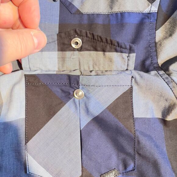 Coastal Metal Pearl Snap Button Shirt Men Medium Blue Check Pockets Surf Western - Picture 5 of 14